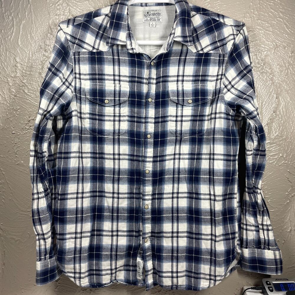 Lucky Brand Plaid Indigo Snap-Up Western Shirt lined size Large